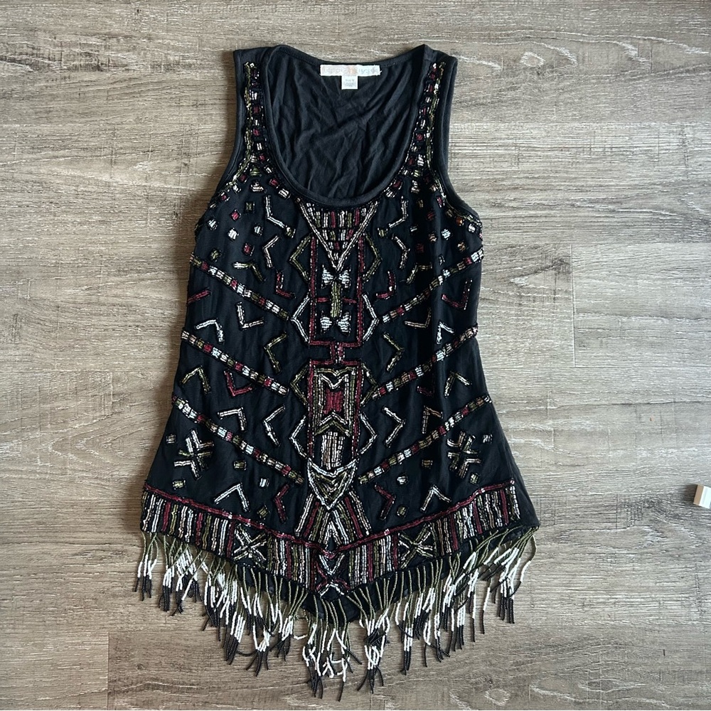 Beaded Fringe Tank Top Black Beaded Sequin Tank Multicolor Aztec Boston Proper